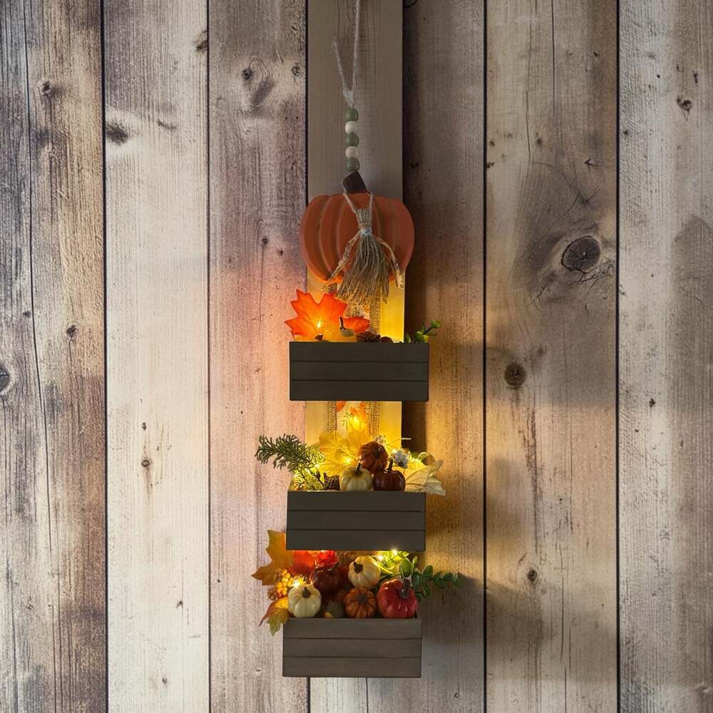 Fall Harvest Decorative Hanging 3-Tier Wooden Crate Wall Decor with LED Lights